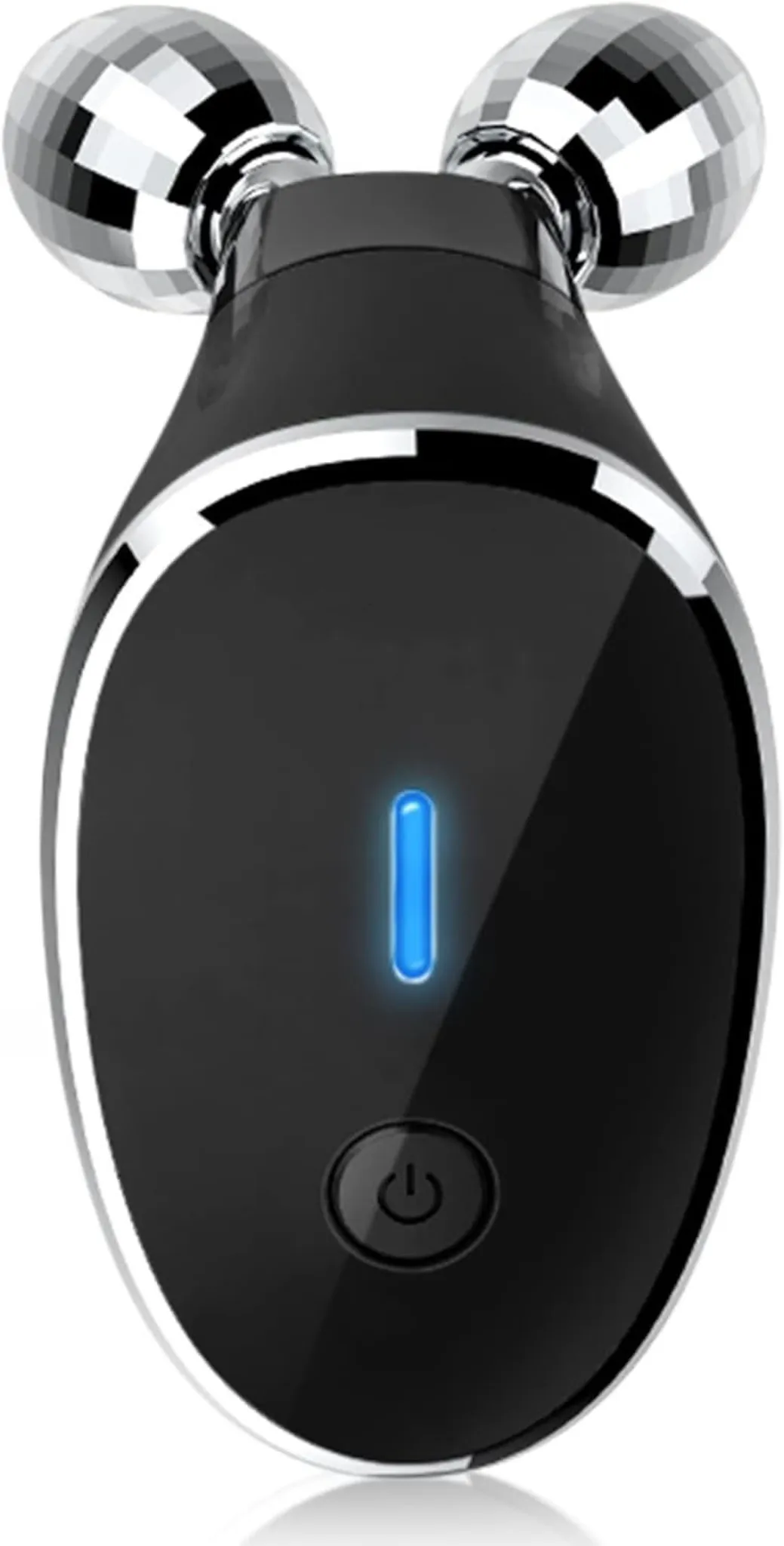 Ein schwarzes Gesichtsmassagegerät mit silbernen Rollen. Es hat eine blaue Lichtanzeige und einen Ein-/Ausschalter.