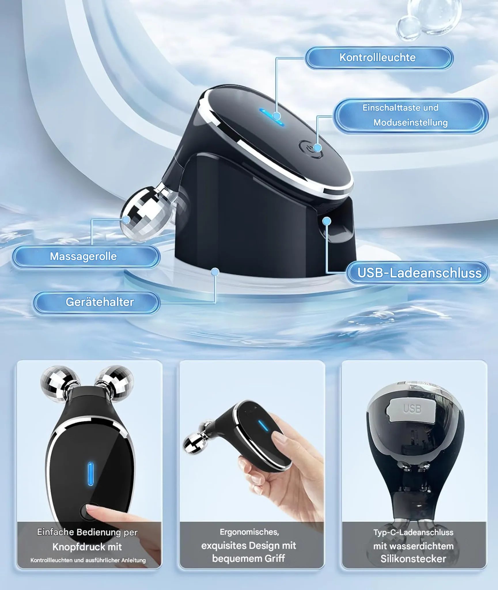 Schwarzes und silbernes Gesichtsmassagegerät. Merkmale: Massagerollen, Kontrollleuchten, USB-Anschluss und Ein-/Aus-Taste.