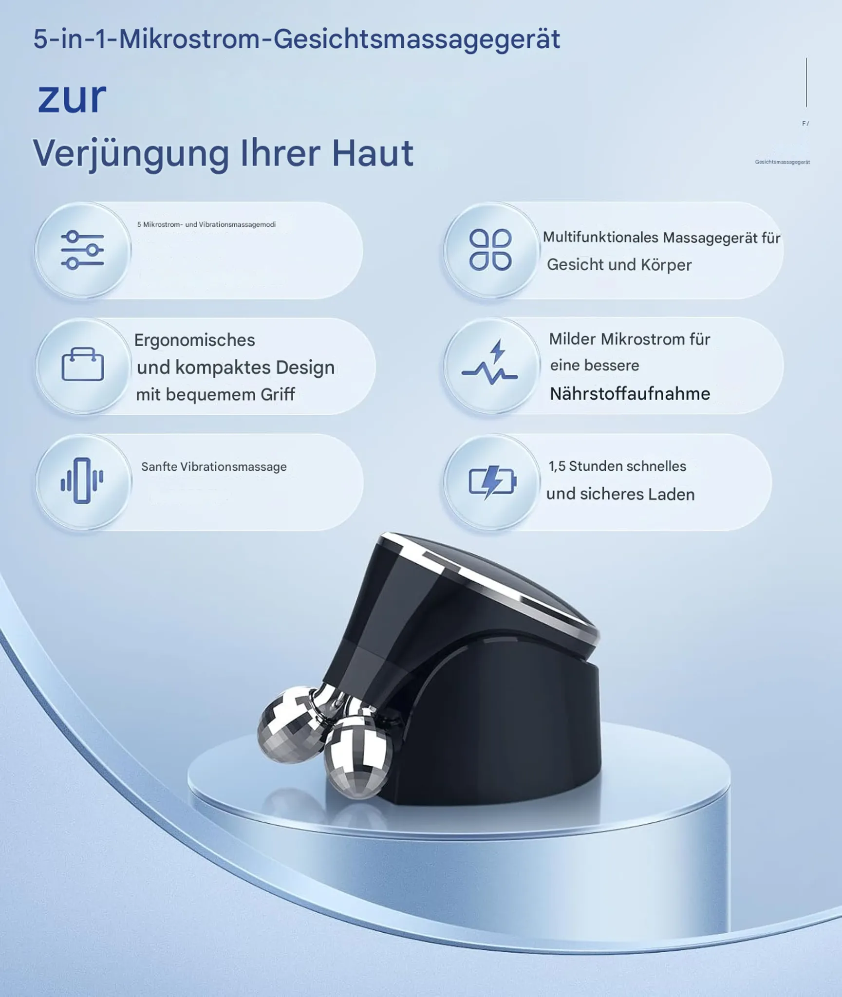 Ein schwarz-silbernes Gesichtsmassagegerät. Es hat zwei silberne Massageköpfe. Der Hintergrund ist hellblau.