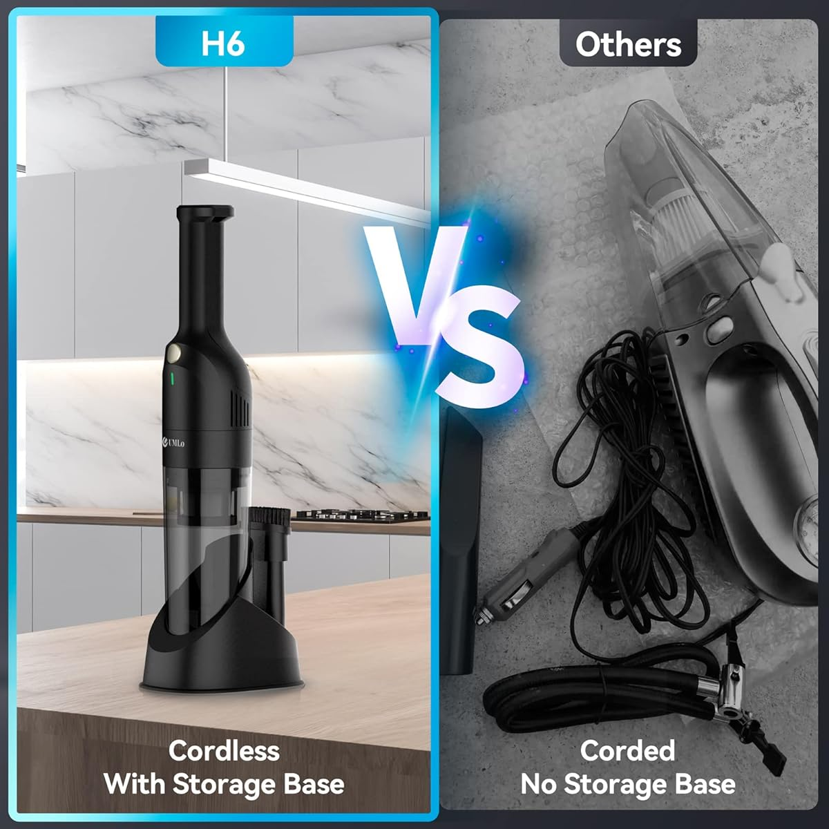 Obraz porównuje odkurzacz bezprzewodowy z podstawą do odkurzacza przewodowego. Bezprzewodowy jest czarny, z przezroczystym pojemnikiem. Przewodowy jest szary.