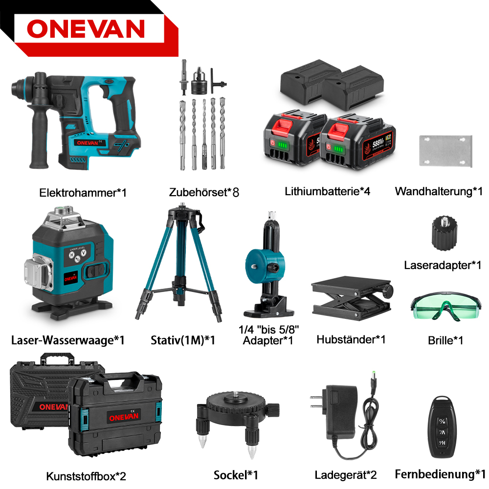 Das Bild zeigt einen Werkzeugkasten mit verschiedenen Werkzeugen, darunter Bohrmaschine, Batterien, Laserwasserwaage, Stativ und Zubehör.