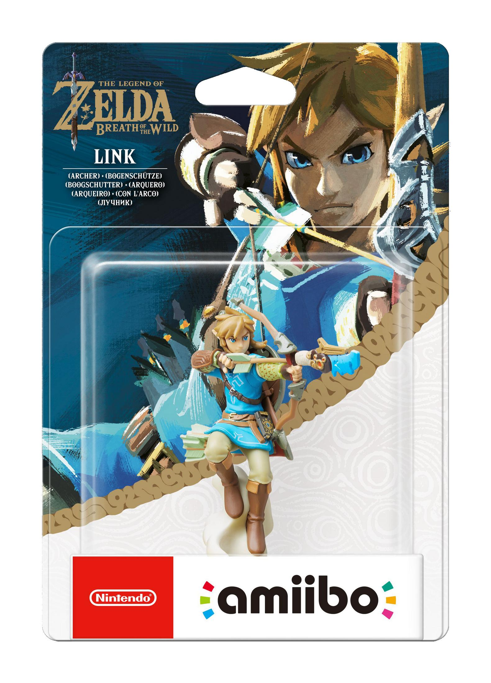 Amiibo-Figur von Link aus The Legend of Zelda: Breath of the Wild. Er hält einen Bogen und Pfeil, auf einem transparenten Ständer.