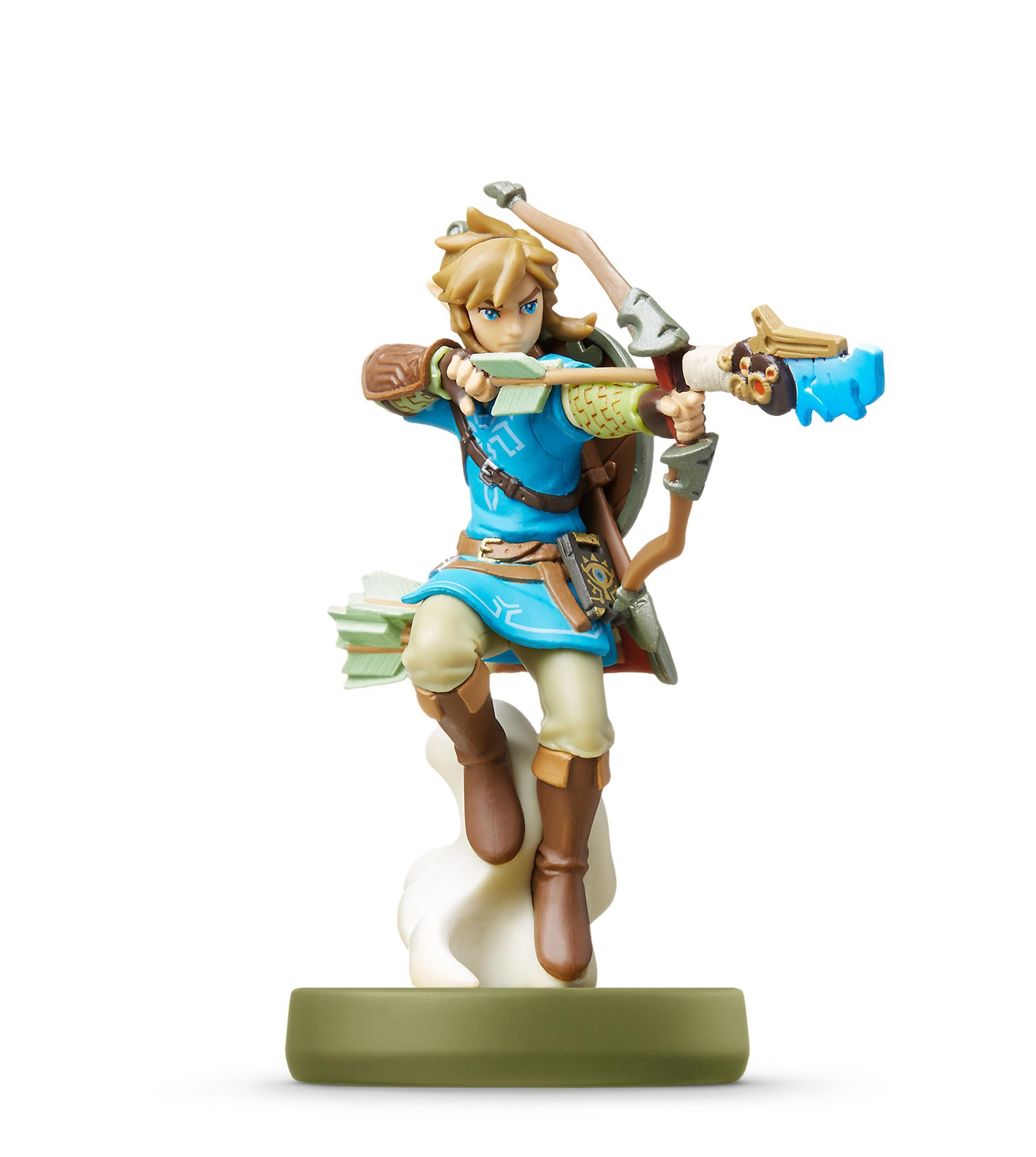 Figur von Link, in blauer Tunika, zielt mit Pfeil und Bogen. Braune Haare, braune Stiefel und grüne Basis.