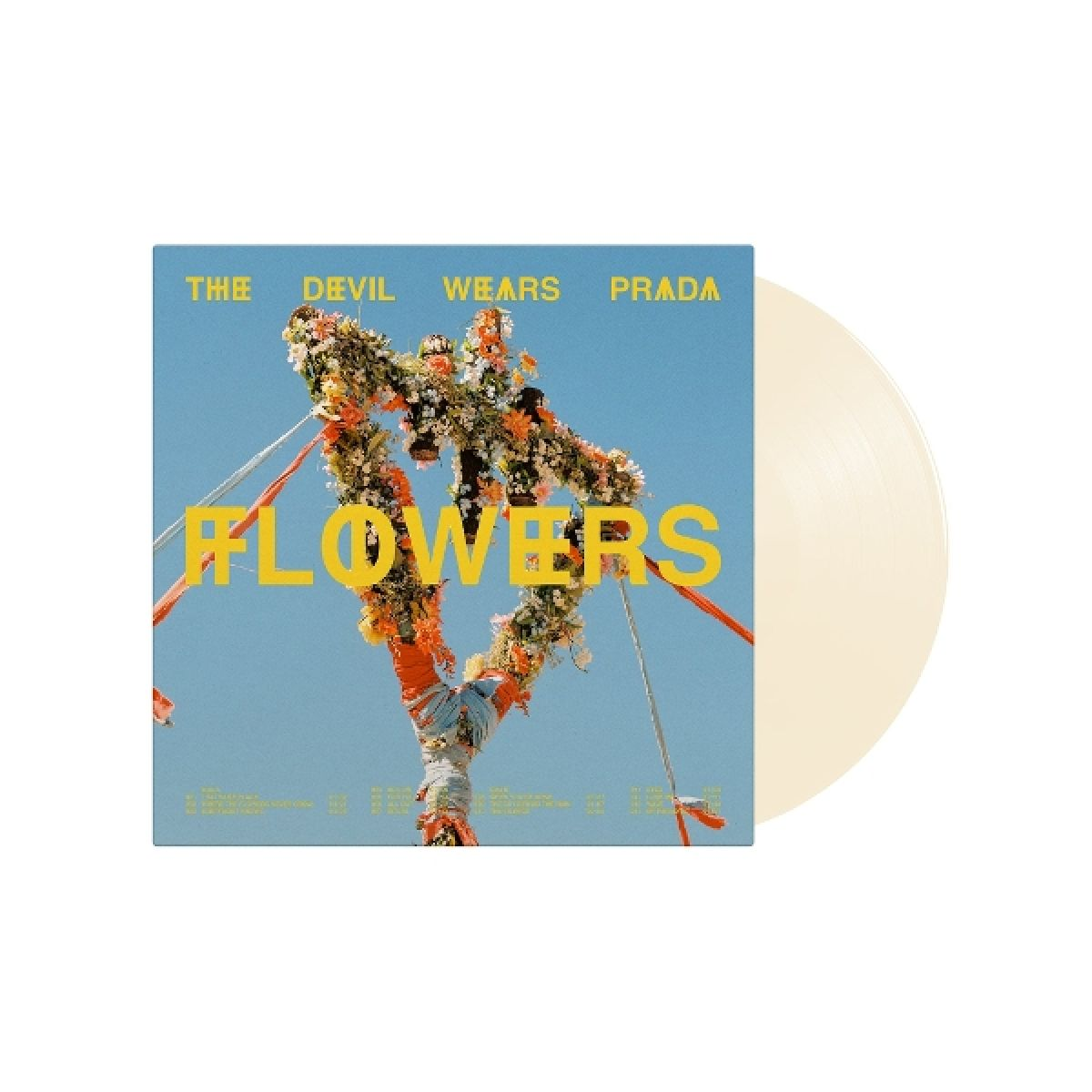 Albumhoes voor 'The Devil Wears Prada'. Toont een bloemenstructuur tegen blauwe lucht, met het woord 'FLOWERS' en een vinylplaat.