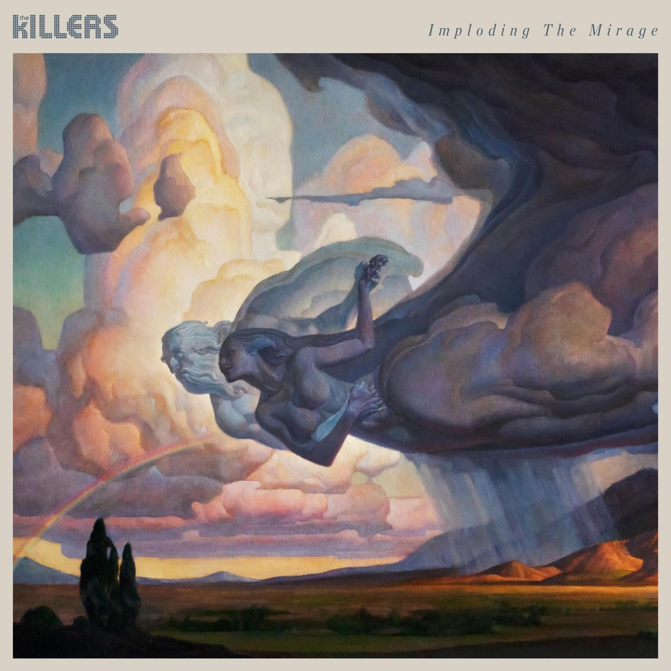 Dipinto di una figura che emerge dalle nuvole, arcobaleno e paesaggio. Copertina dell'album dei The Killers.
