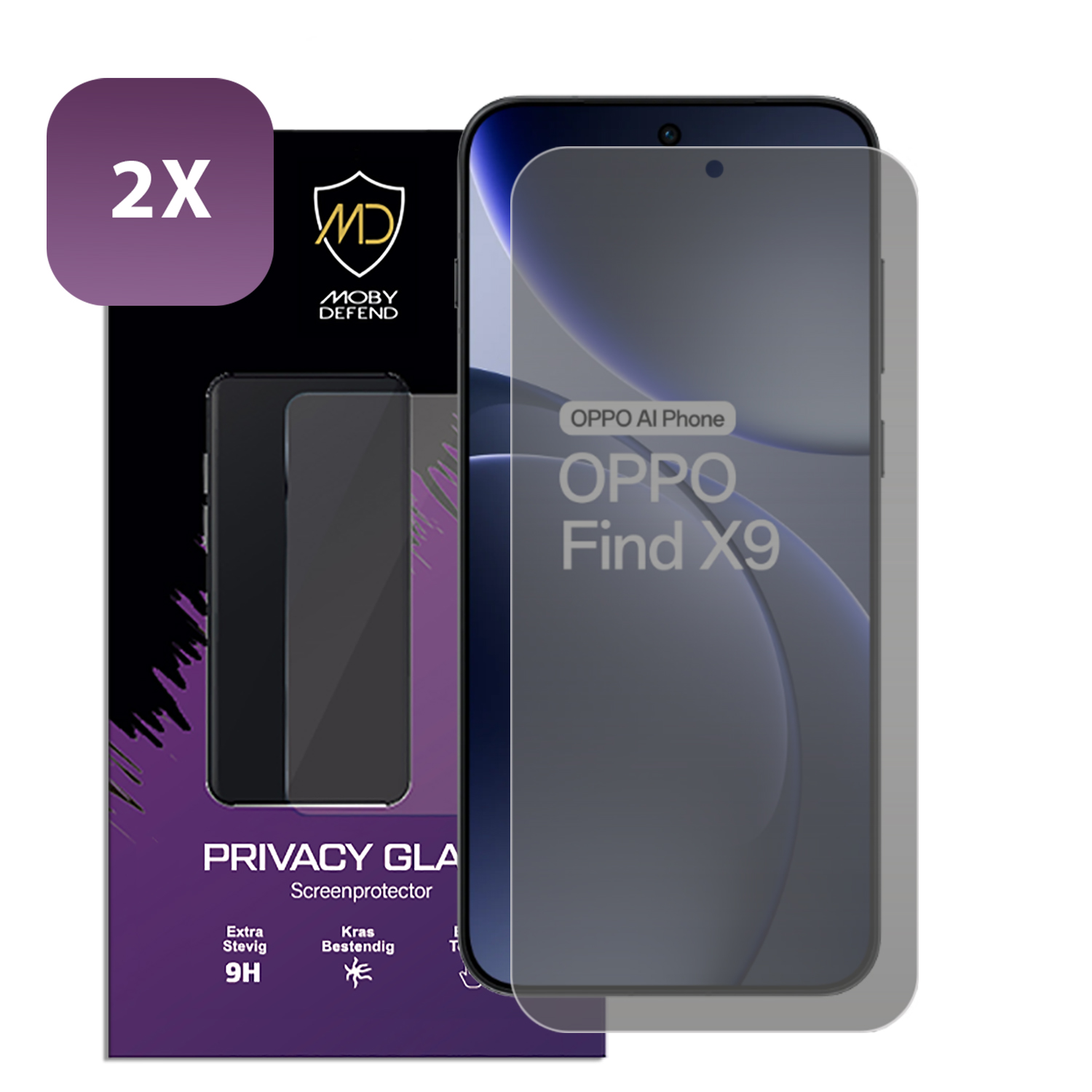 Un téléphone et un protecteur d'écran sont affichés. Le protecteur indique 'Privacy Glass' et 'OPPO Find X9'. Un autocollant '2X' est présent.