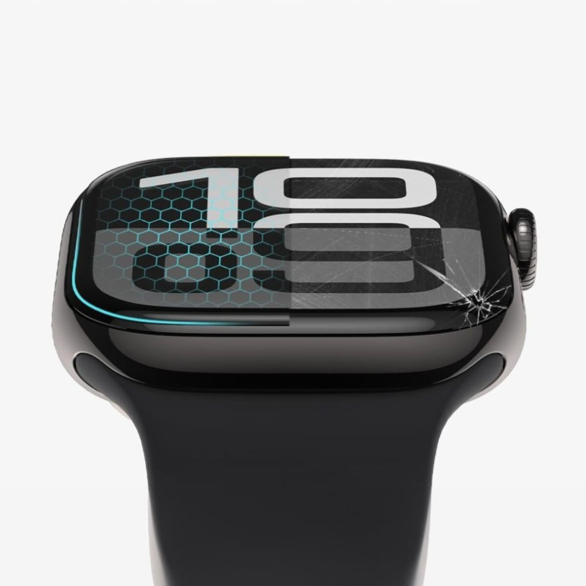 Primo piano di uno smartwatch nero. Lo schermo mostra l'ora '10:09'. Il lato sinistro ha un motivo a nido d'ape, il lato destro è incrinato.