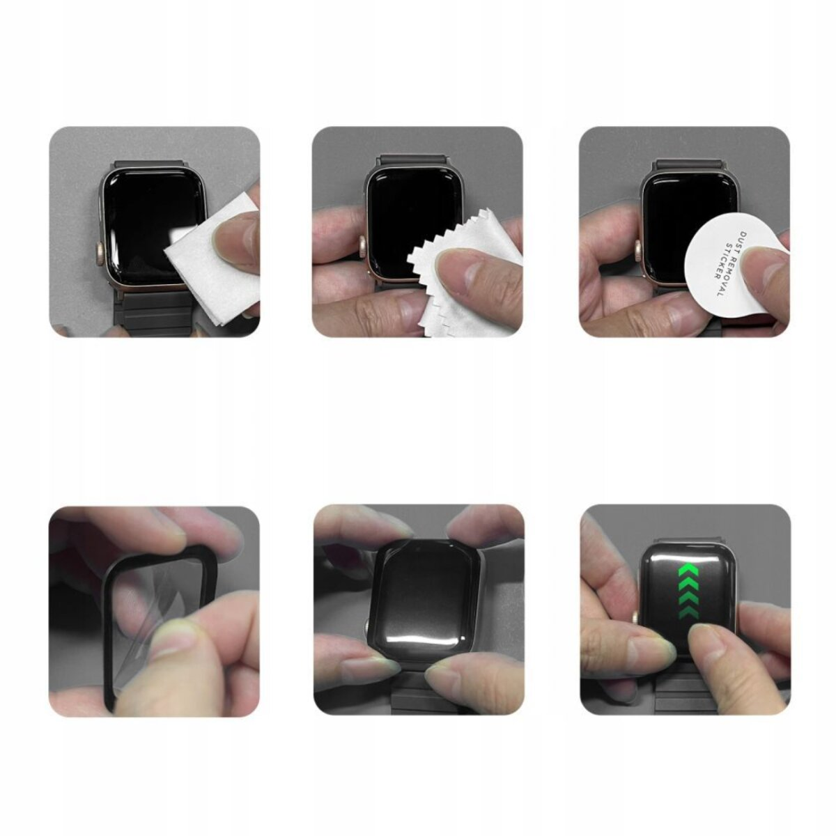 Étapes pour appliquer un protecteur d'écran sur une montre connectée. Nettoyage, application et alignement du protecteur avec des flèches.