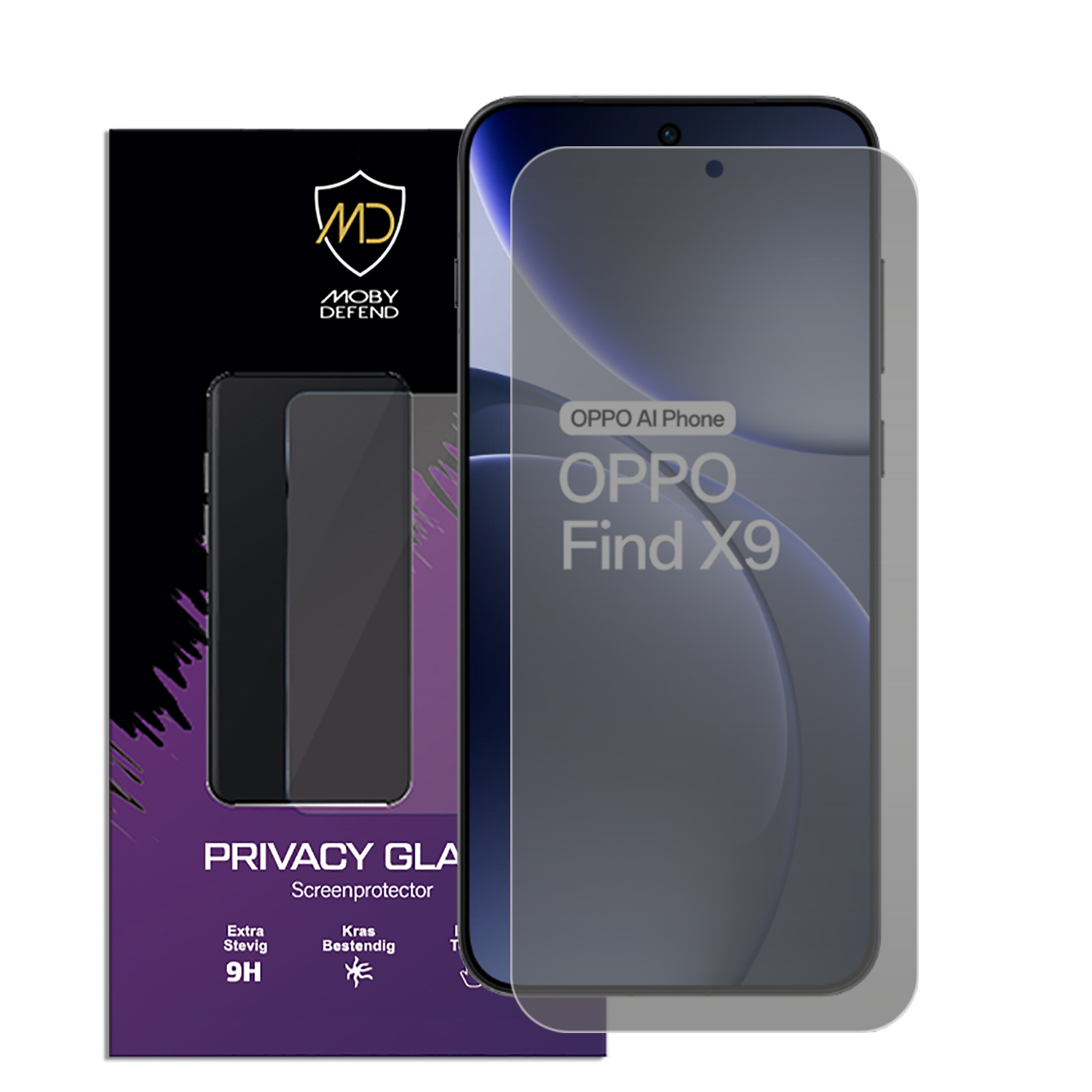 Un téléphone avec un protecteur d'écran sur une boîte. La boîte porte le nom de la marque et du produit. Le téléphone est Oppo Find X9.