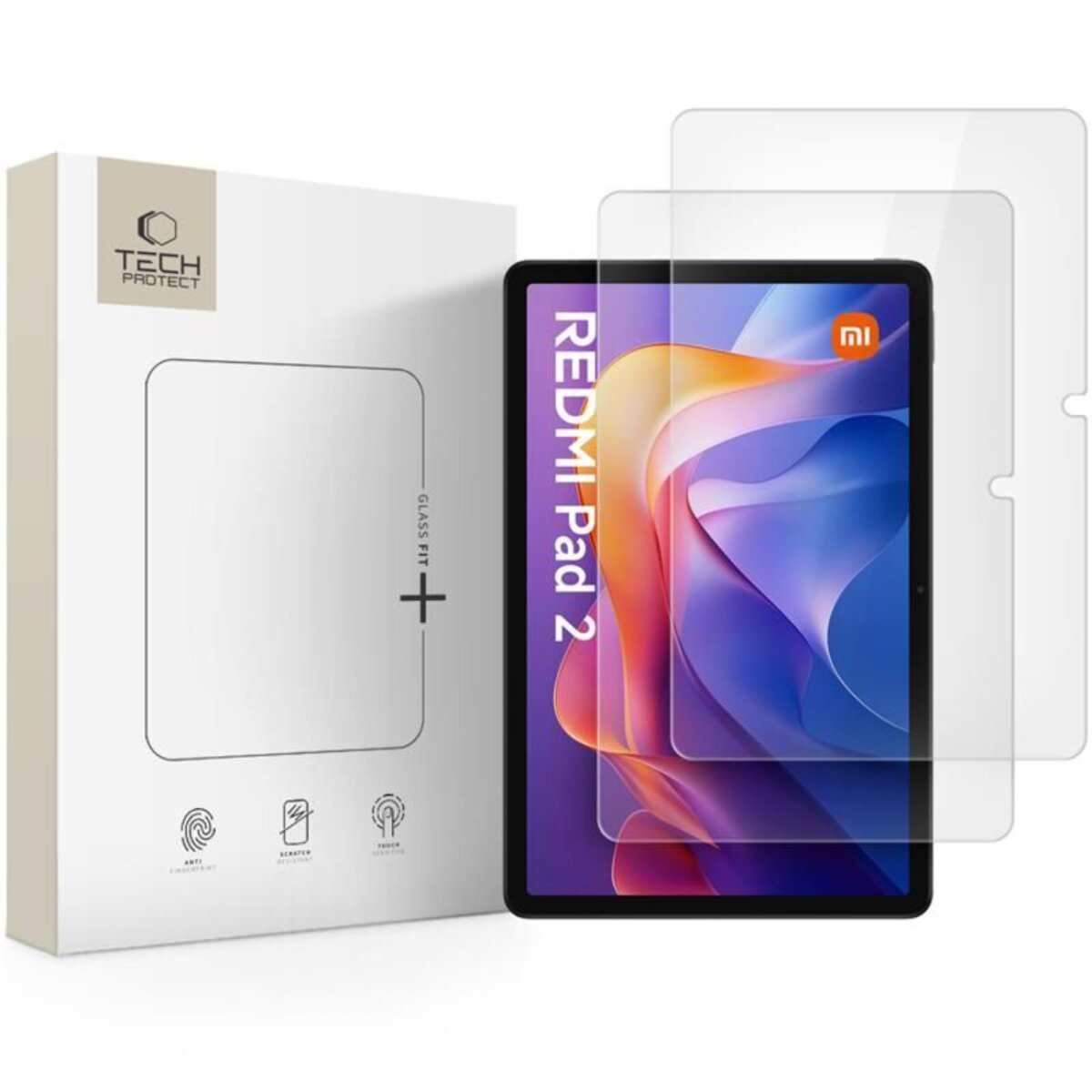 Een Redmi Pad 2 tablet met schermbeschermers en een witte doos. De tablet toont een kleurrijk beeld. De doos heeft een Tech Protect logo.