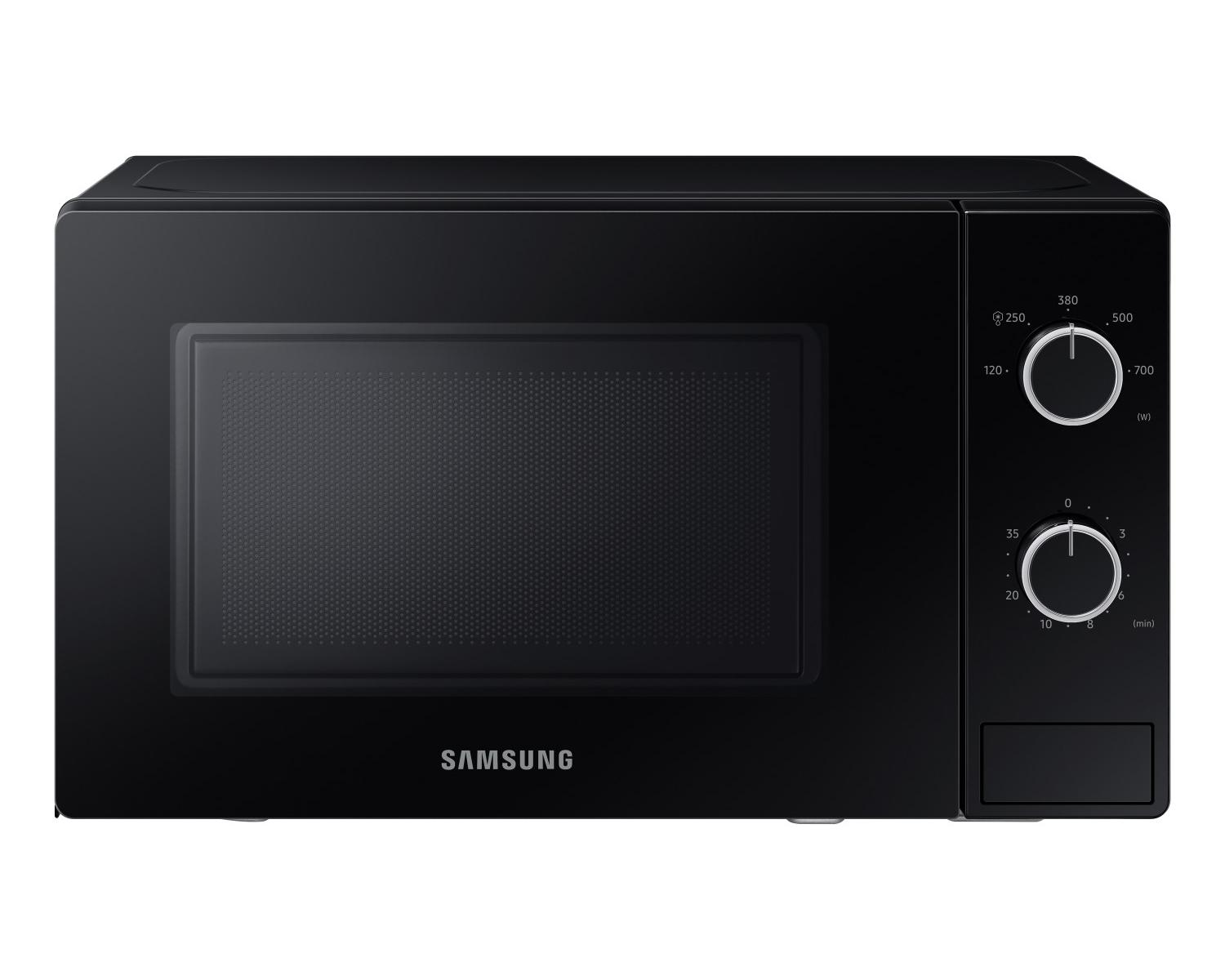 Czarna kuchenka mikrofalowa Samsung. Ma szklane drzwi, pokrętła i logo Samsung. Kuchenka mikrofalowa jest na białym tle.