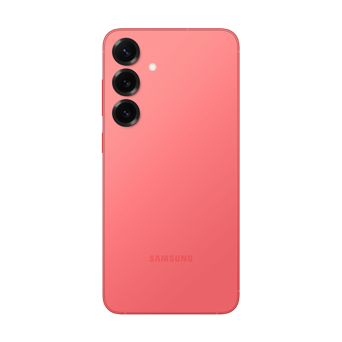 Tył koralowego smartfona. Ma trzy pionowo ułożone obiektywy aparatu. Logo Samsung znajduje się na dole.
