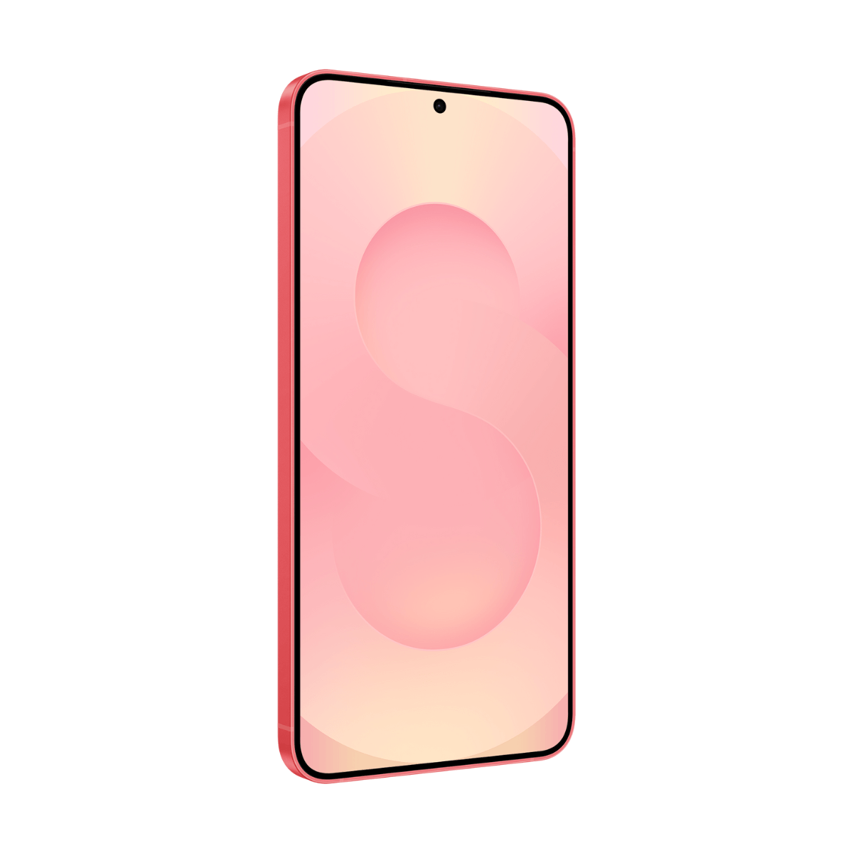 Różowy smartfon na białym tle. Ekran wyświetla różowo-żółty gradient z białym kształtem 'S'.