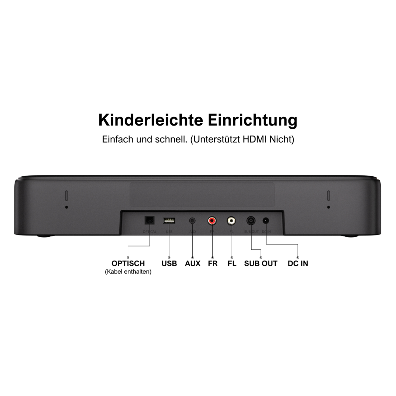 Czarny soundbar z portami wejściowymi: OPTICAL, USB, AUX, FR, FL, SUB OUT i DC IN. Tekst powyżej brzmi 'Kinderleichte Einrichtung'.