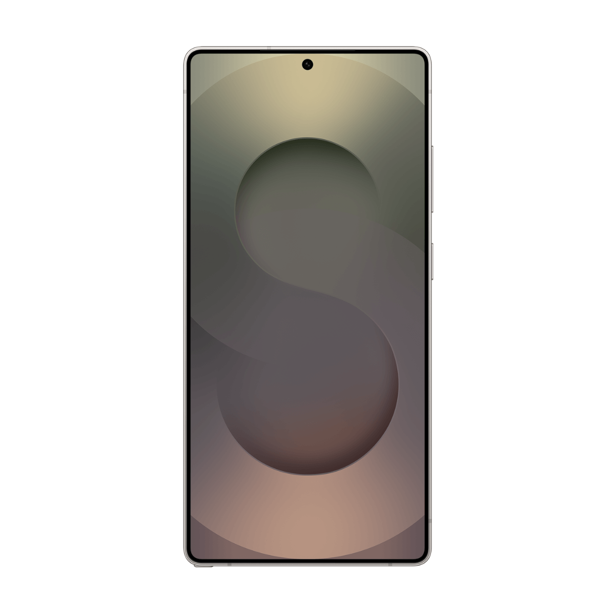 Smartfon ze srebrną ramką, ekranem z gradientem i czarną kropką aparatu na górze, wyśrodkowany na białym tle.