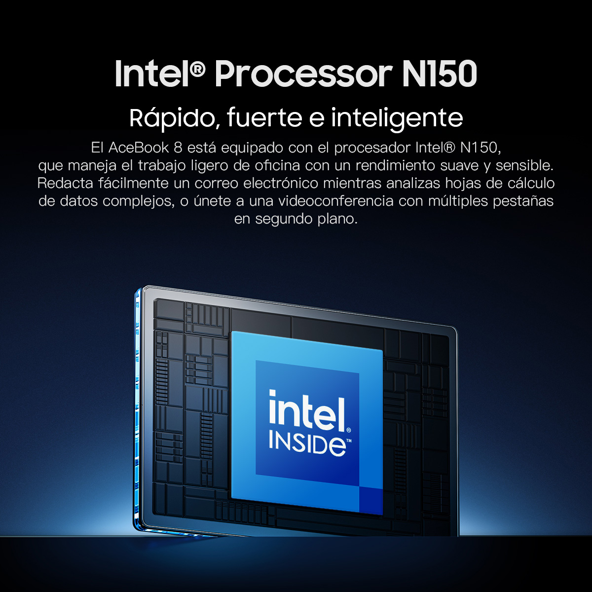Se muestra la pantalla de un portátil con el logotipo de Intel. El texto indica que el procesador es N150. Predominan los colores azul y negro.