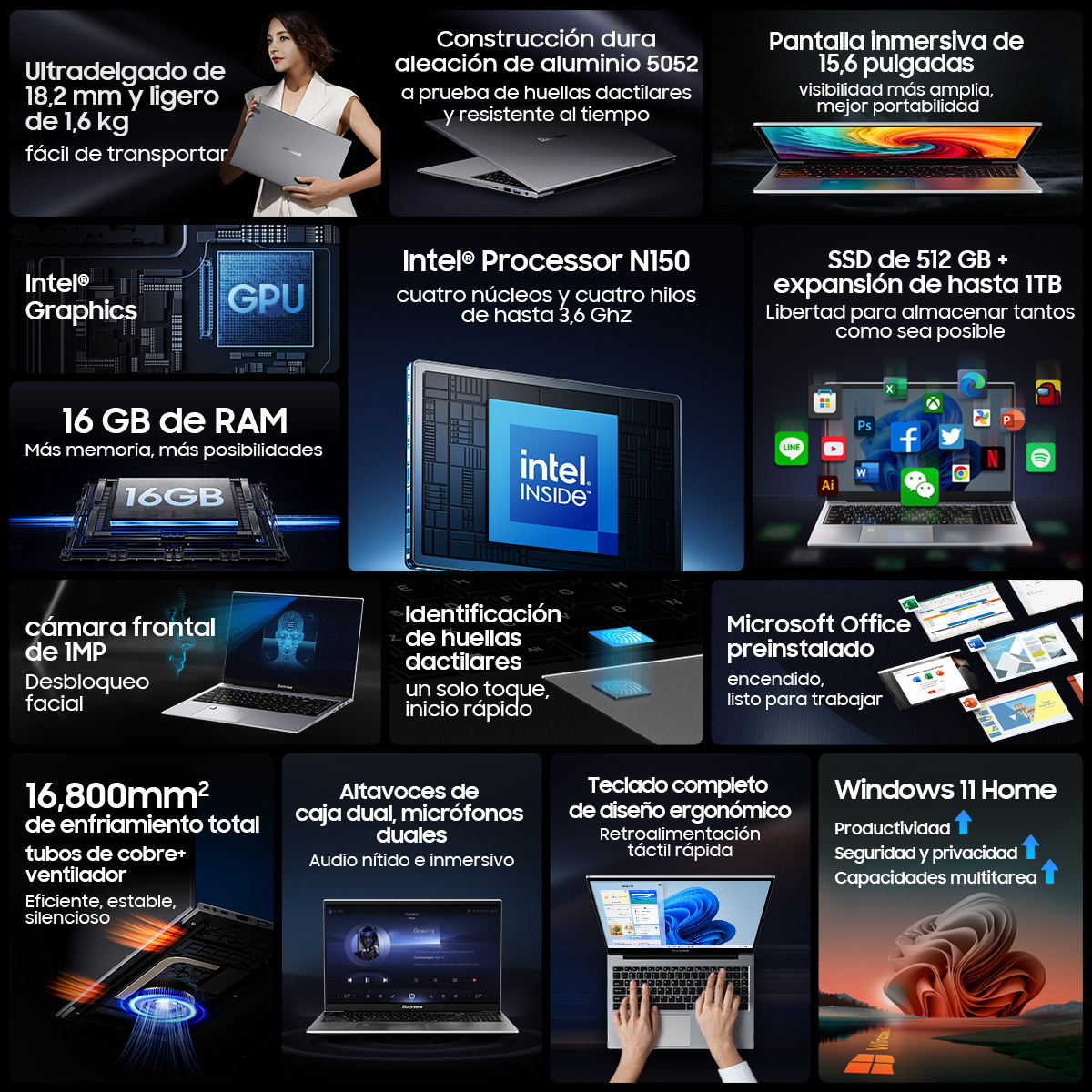 Un portátil con funciones como procesador Intel, 16 GB de RAM, sensor de huellas dactilares y Windows 11 Home. Una mujer sostiene el portátil.