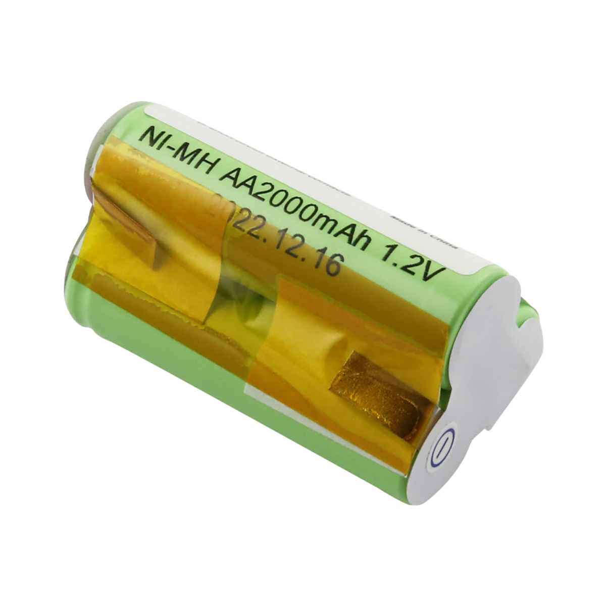 Una batteria AA verde e bianca, avvolta in lamina d'oro. Il testo recita: Ni-MH AA2000mAh 1.2V 22.12.16.