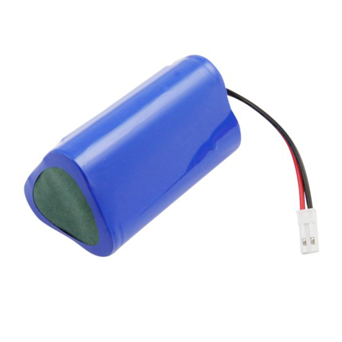 Una batteria blu cilindrica con tappo verde, fili neri e rossi e connettore bianco. Isolato su sfondo bianco.
