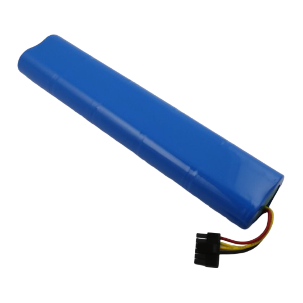 Ein blaues Batteriepack mit einem schwarzen Stecker und farbigen Drähten. Die Batterie ist lang und rechteckig, auf weißem Hintergrund.