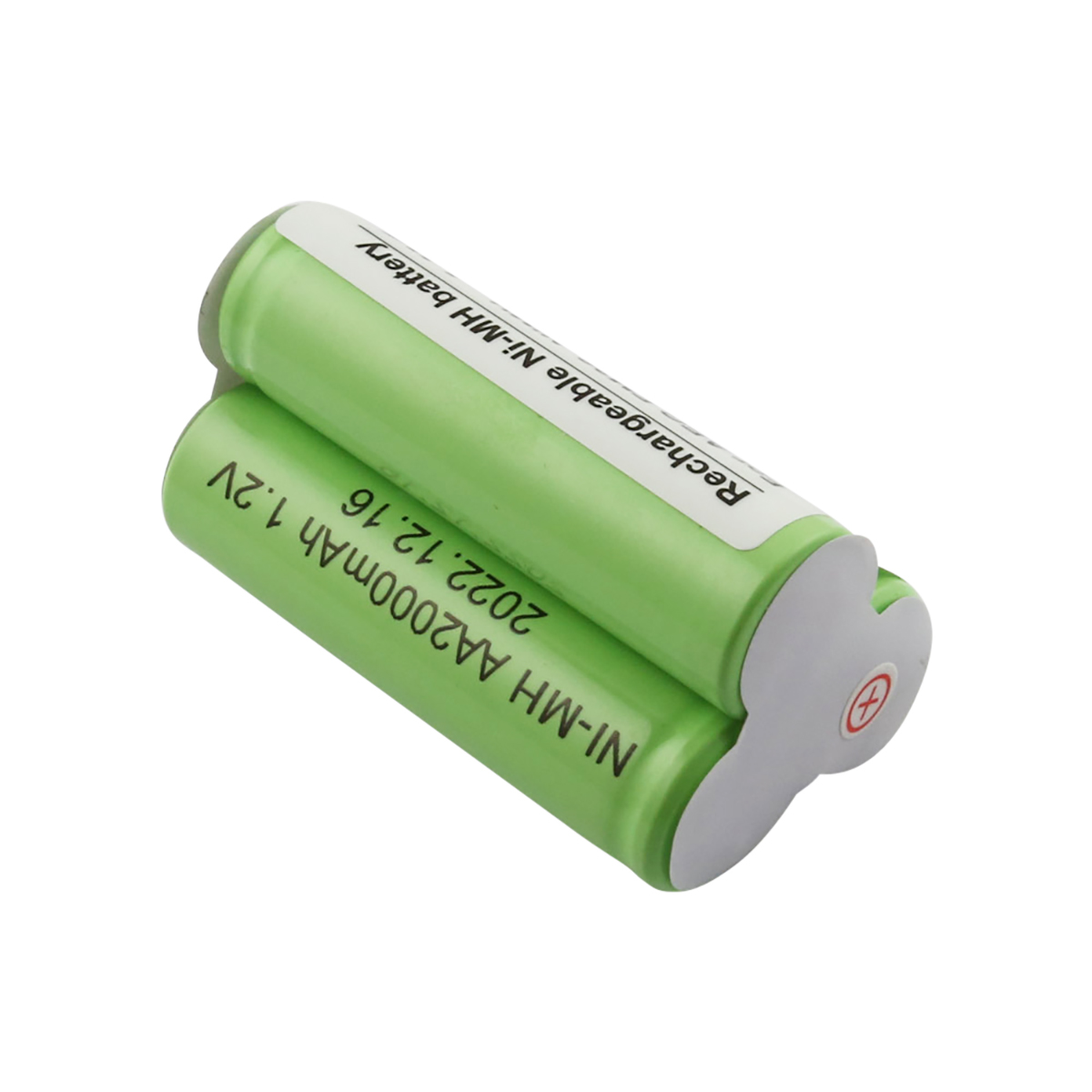 Due batterie AA verdi, etichettate con specifiche e 'Rechargeable Ni-MH battery'. Sfondo bianco.