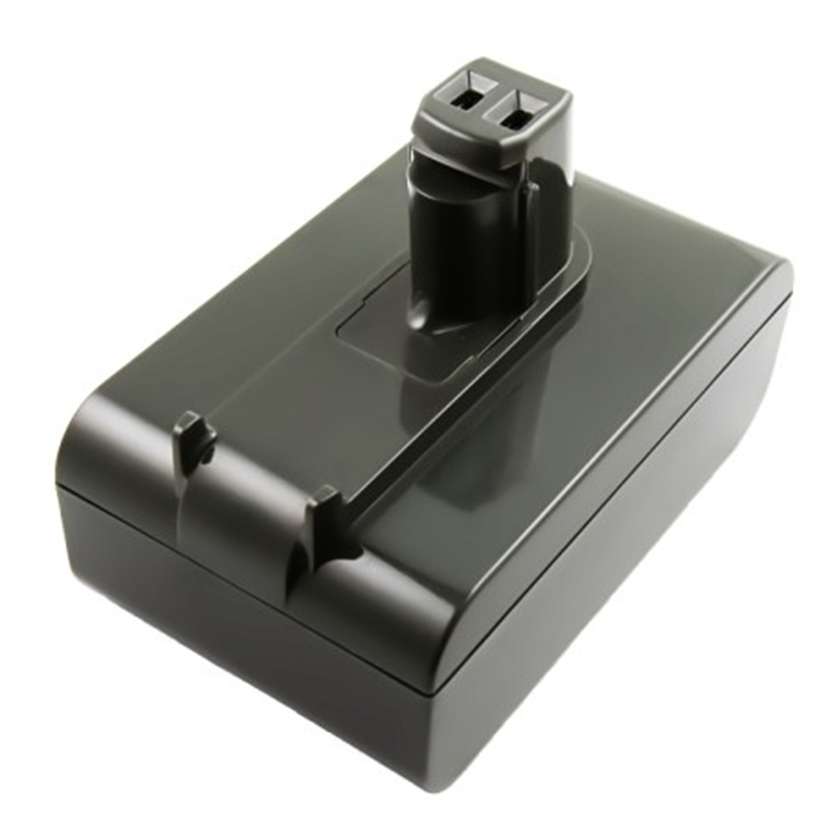 Un pacco batteria grigio scuro. Ha un connettore rialzato e un corpo rettangolare con bordi arrotondati. Sfondo bianco.