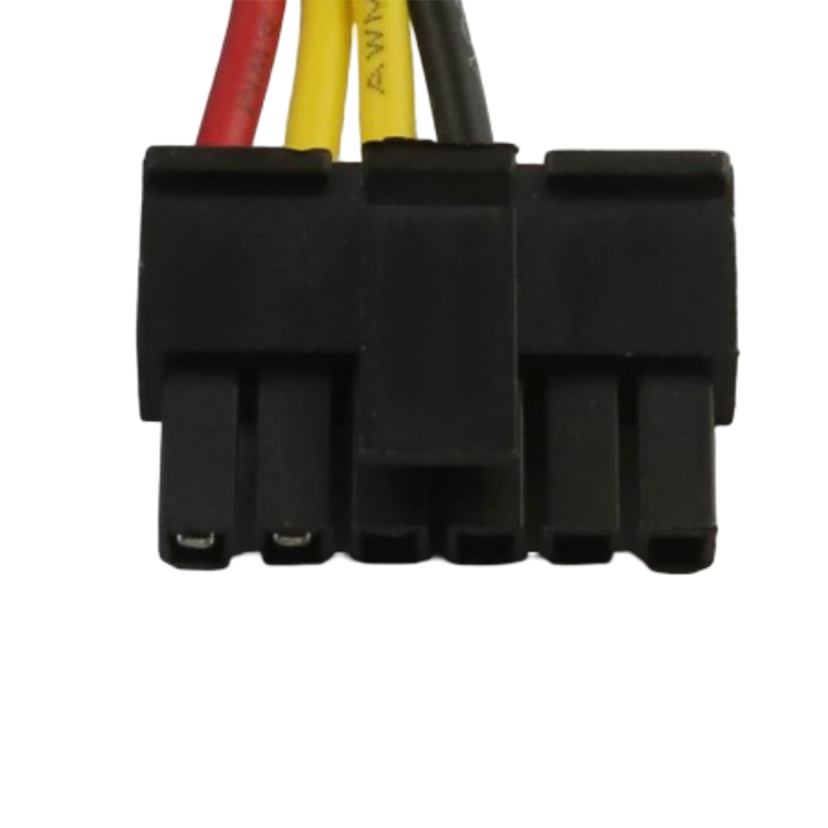 Nahaufnahme eines schwarzen Steckers mit roten, gelben und schwarzen Drähten. Der Stecker hat drei Abschnitte mit jeweils zwei Pins.