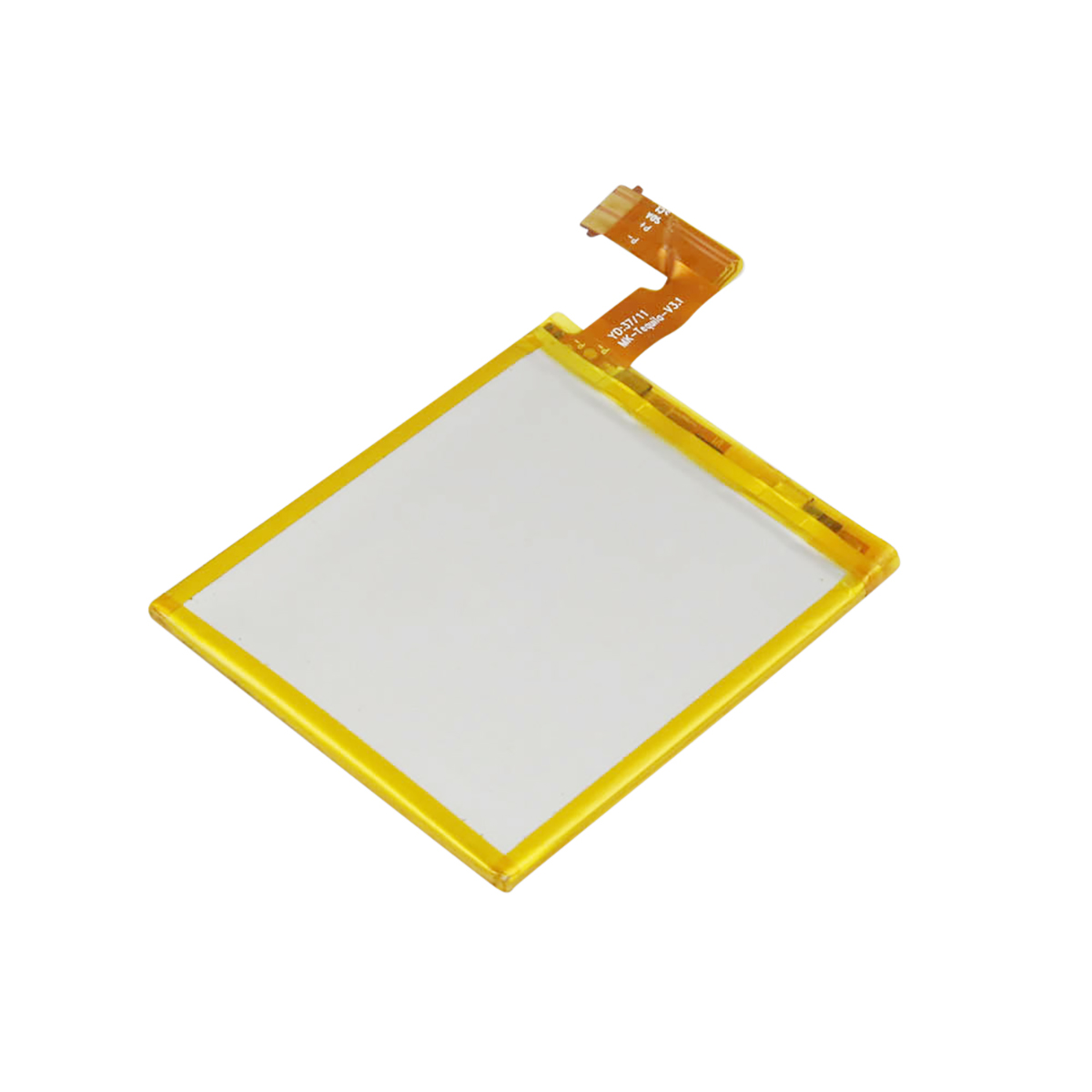Un oggetto bianco quadrato con bordo giallo e connettore marrone che si estende dalla parte superiore. Isolato su sfondo bianco.