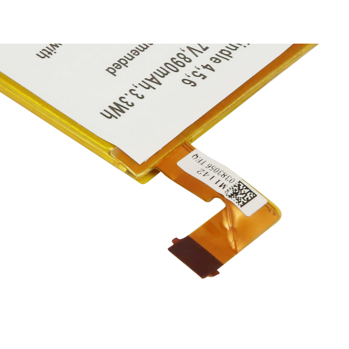 Primo piano di un componente del dispositivo bianco e giallo con testo e codice QR. Ha un connettore marrone.