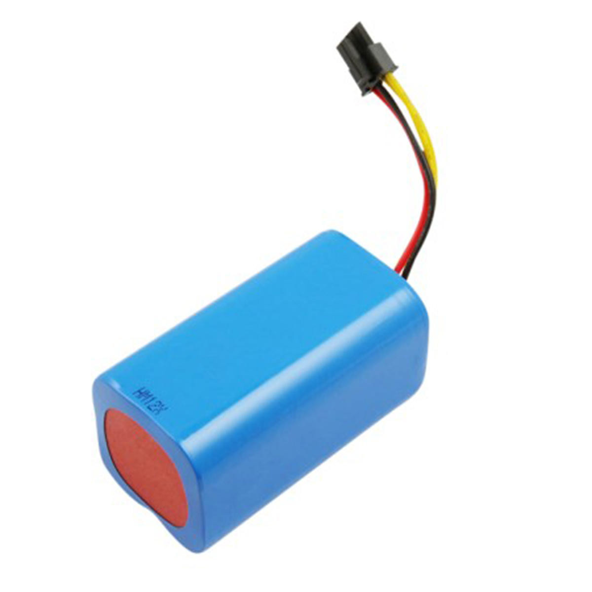 Una batteria rettangolare blu con un'estremità rossa. Ha fili neri, gialli e rossi collegati a un connettore nero.