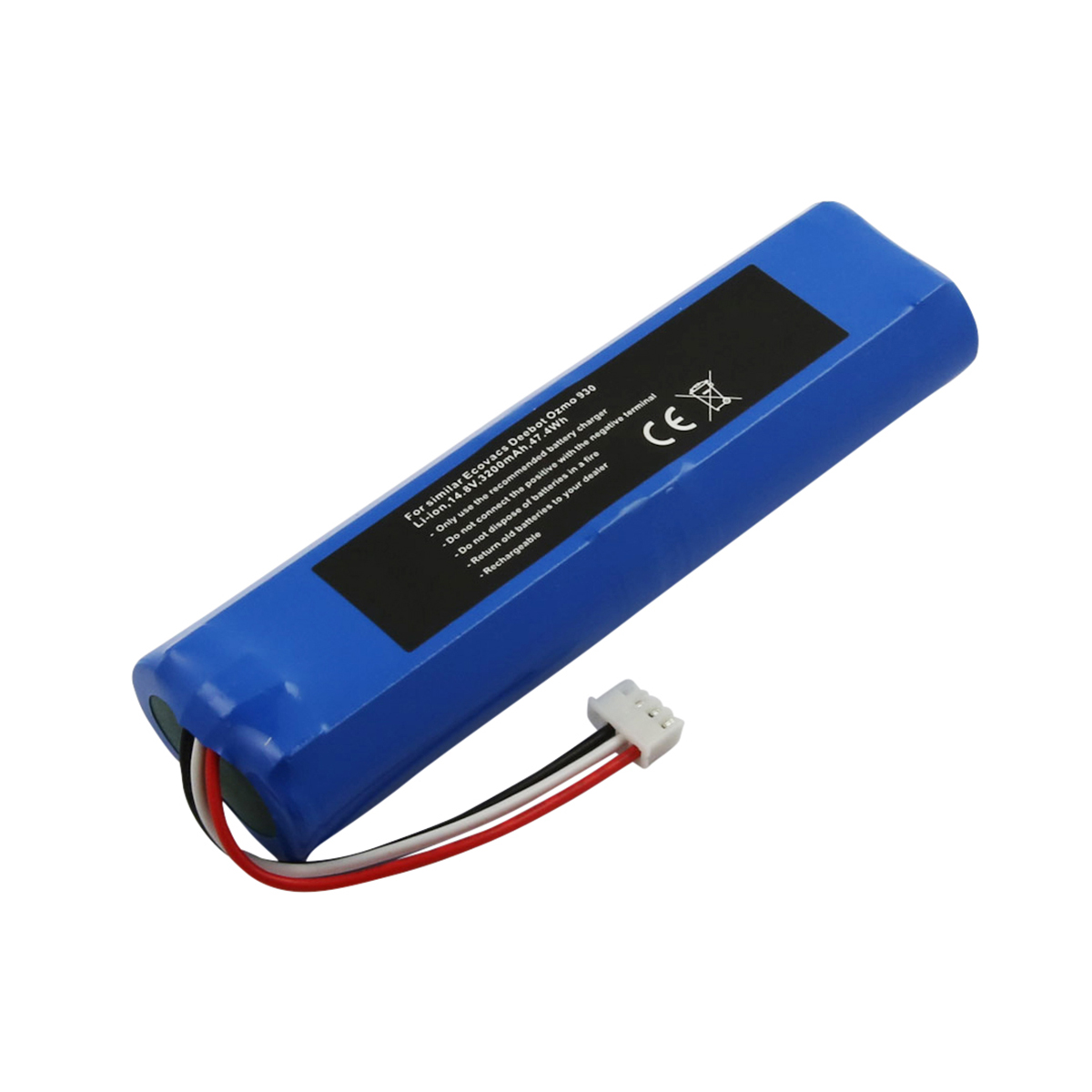 Batteria rettangolare blu con connettore bianco e fili. Testo nero sulla batteria. Sfondo bianco.