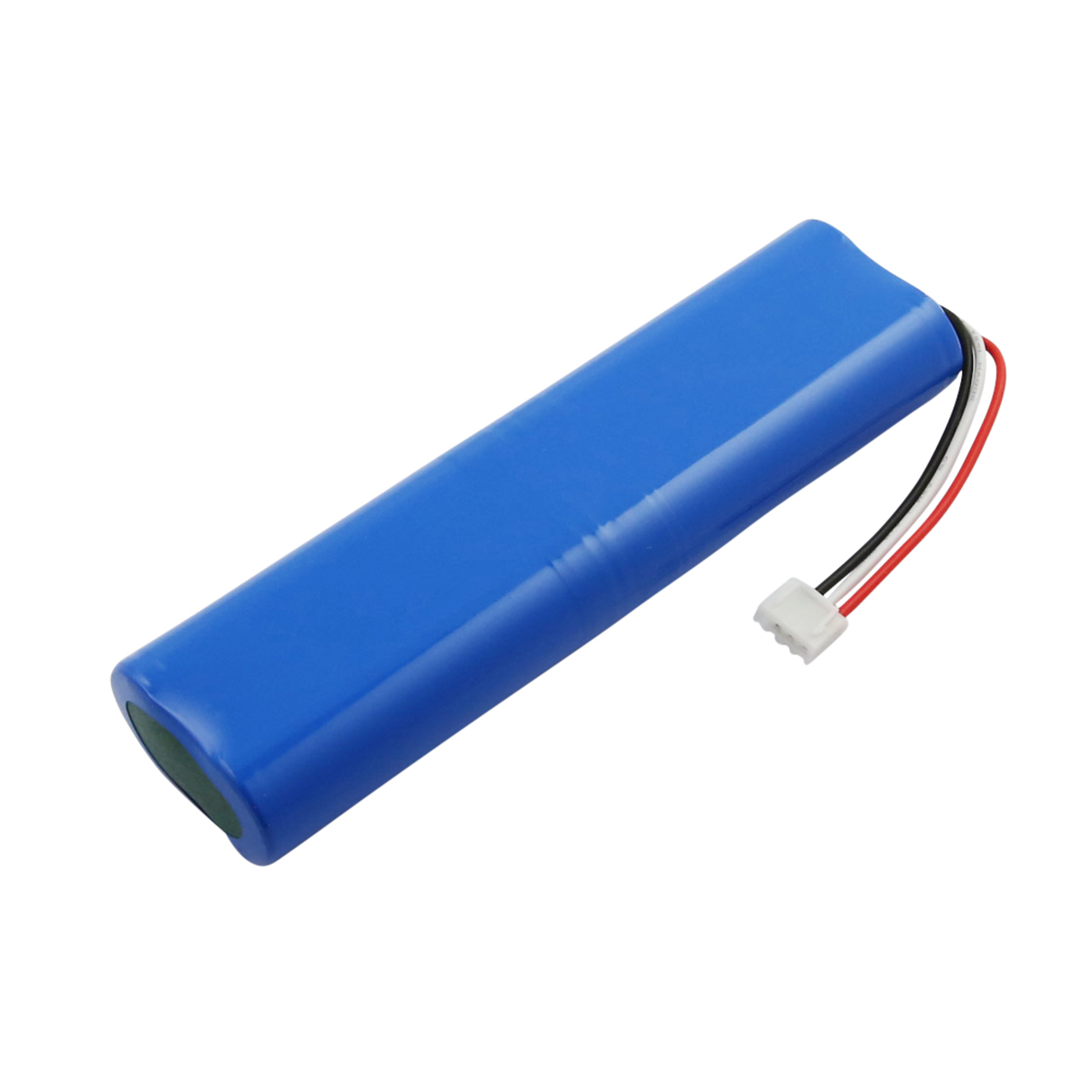 Una batteria rettangolare blu con fili neri, bianchi e rossi e un connettore bianco. Lo sfondo è bianco.