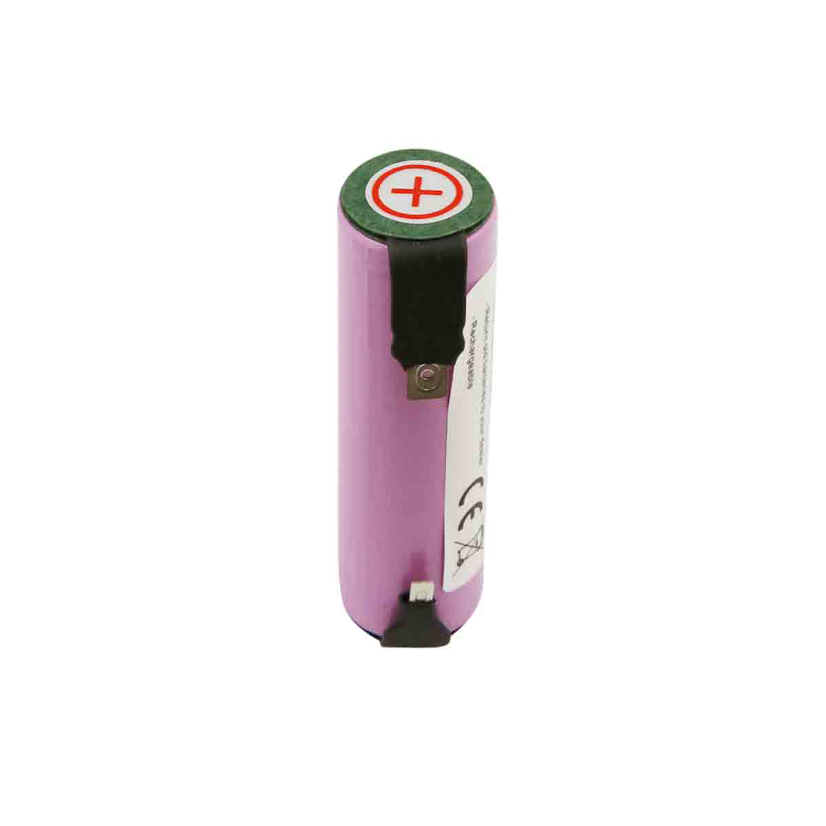 Una batteria cilindrica con corpo rosa e parte superiore verde, contrassegnata da un segno più rosso. C'è un'etichetta sulla batteria.