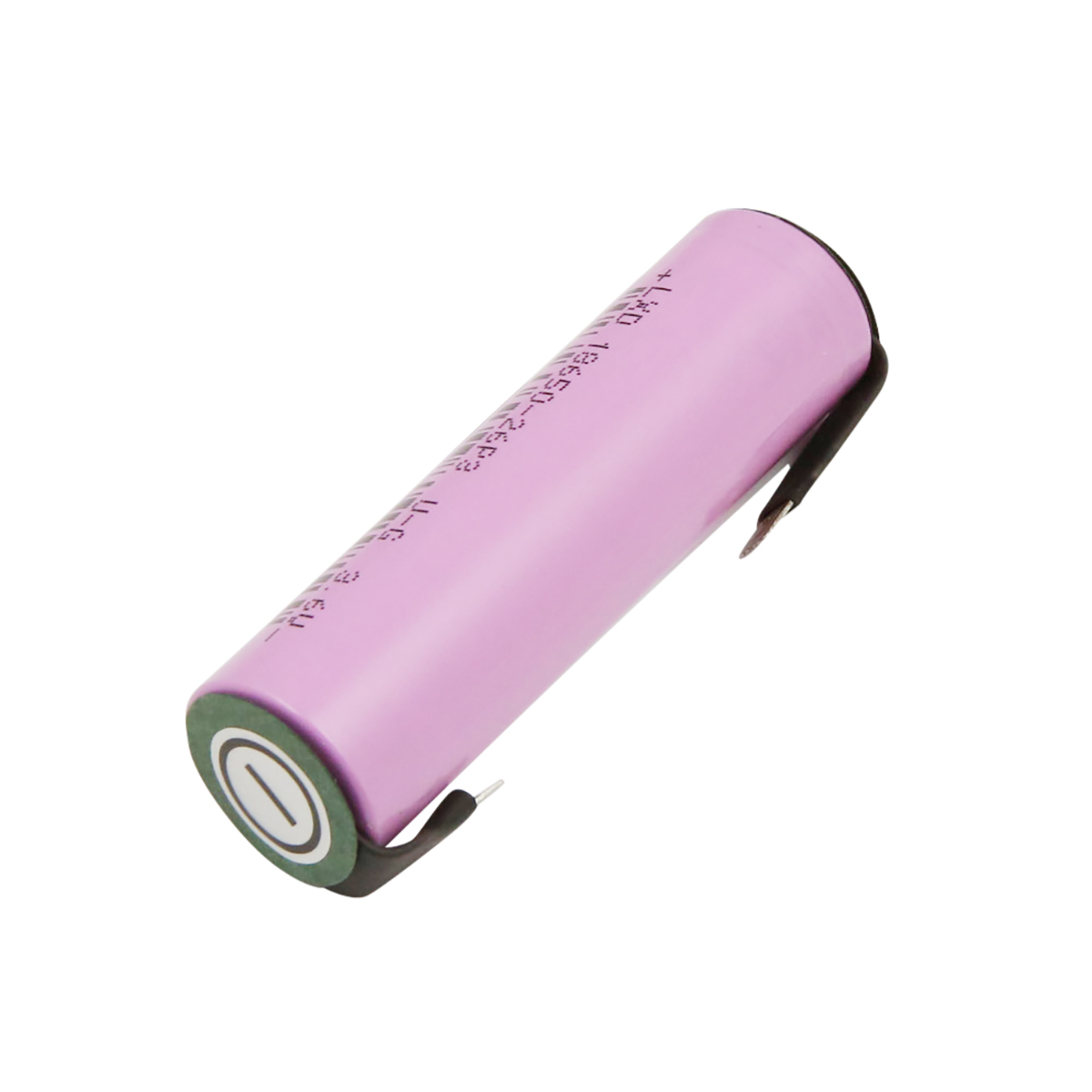 Una batteria cilindrica con corpo rosa ed estremità verde. Connettori neri attaccati. Sfondo bianco.