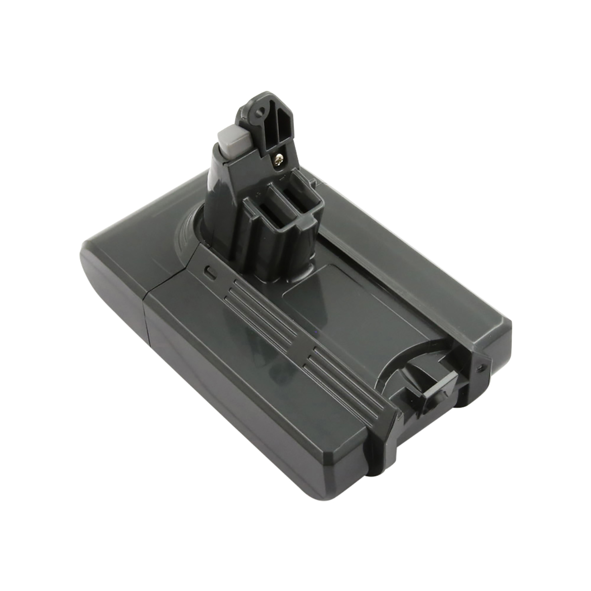 Un pacco batteria grigio per aspirapolvere Dyson. Ha un connettore in alto e delle creste sul davanti. Lo sfondo è bianco.