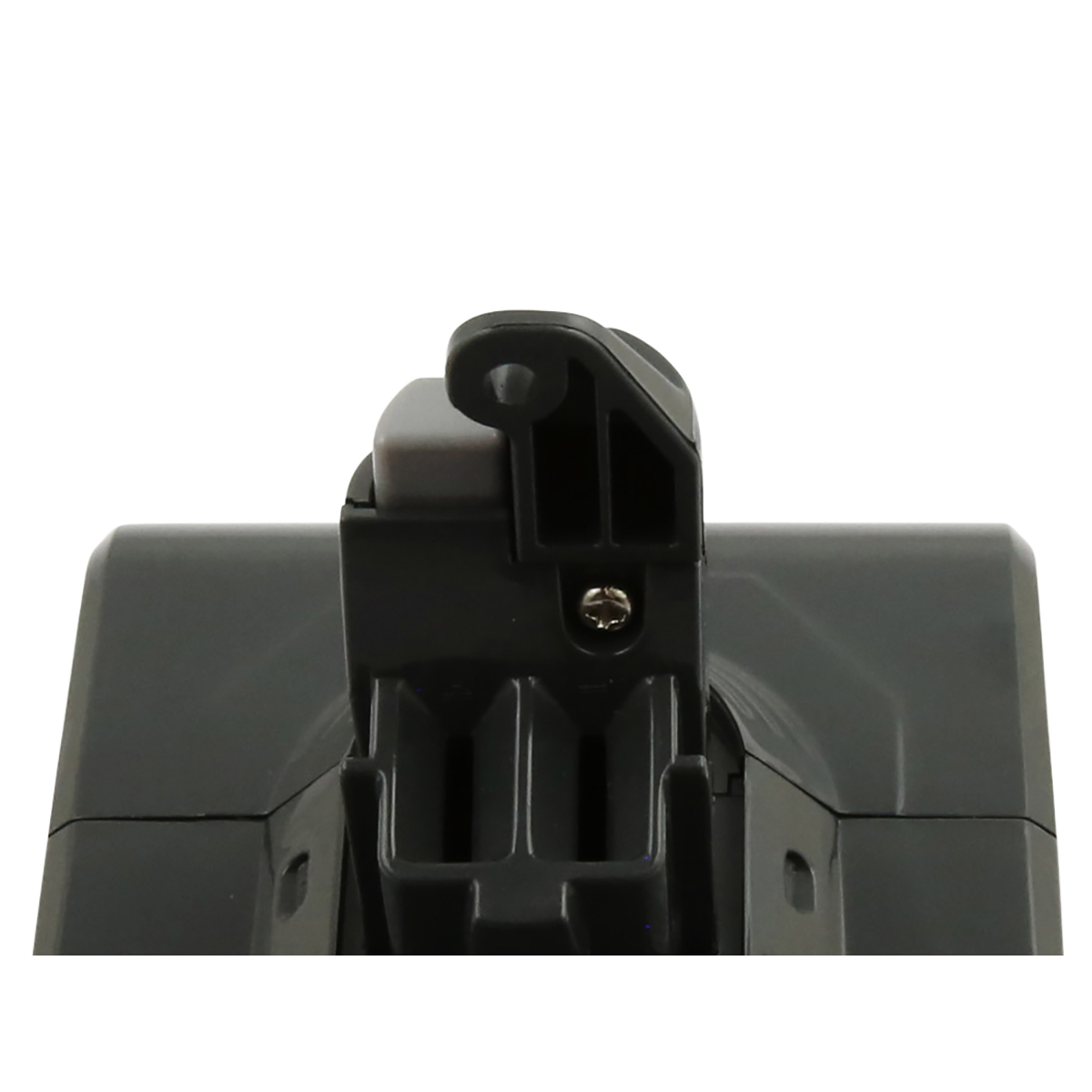 Primo piano di una maniglia in plastica nera con un pulsante grigio e una vite argentata. La maniglia è su un dispositivo grigio, sfondo bianco.