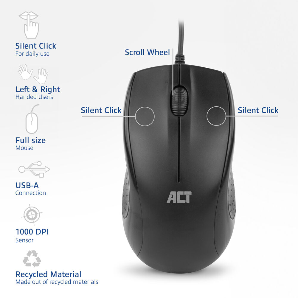 Black computer mouse with scroll wheel and buttons. Features include silent click, USB-A connection, and 1000 DPI sensor.