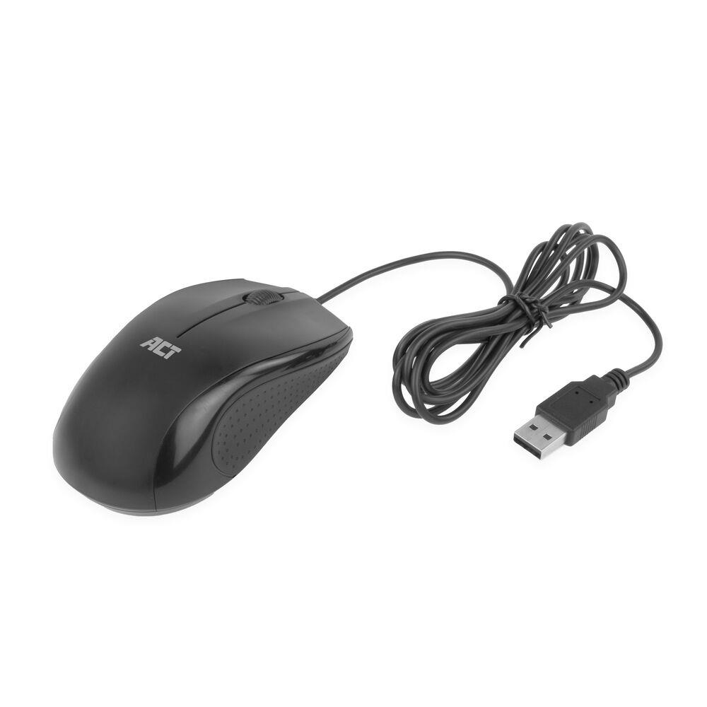 A black computer mouse with a scroll wheel and a USB cable, on a white background. The word ACT is printed on the mouse.