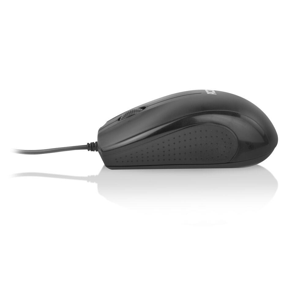 A black computer mouse with a scroll wheel and a textured grip is on a white surface. A cable extends to the left.