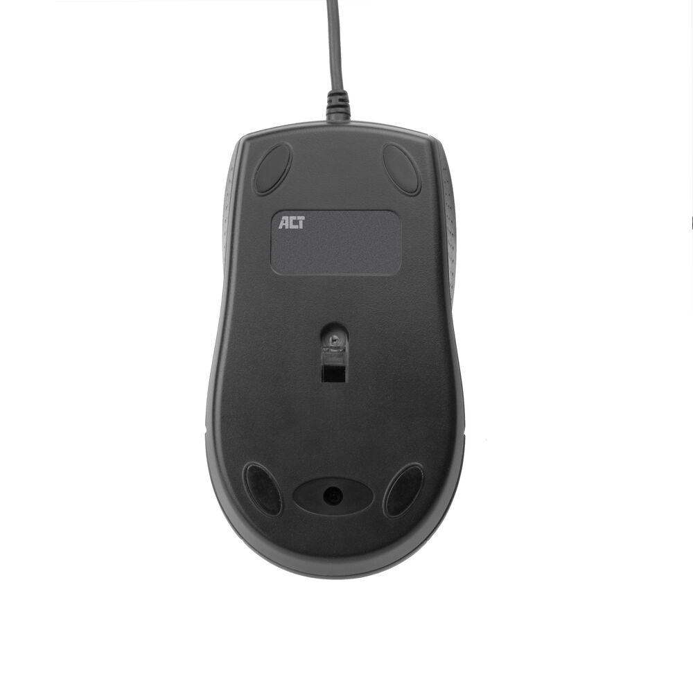 A black computer mouse. It has an ACT logo and a cord. The bottom has oval pads and a sensor.