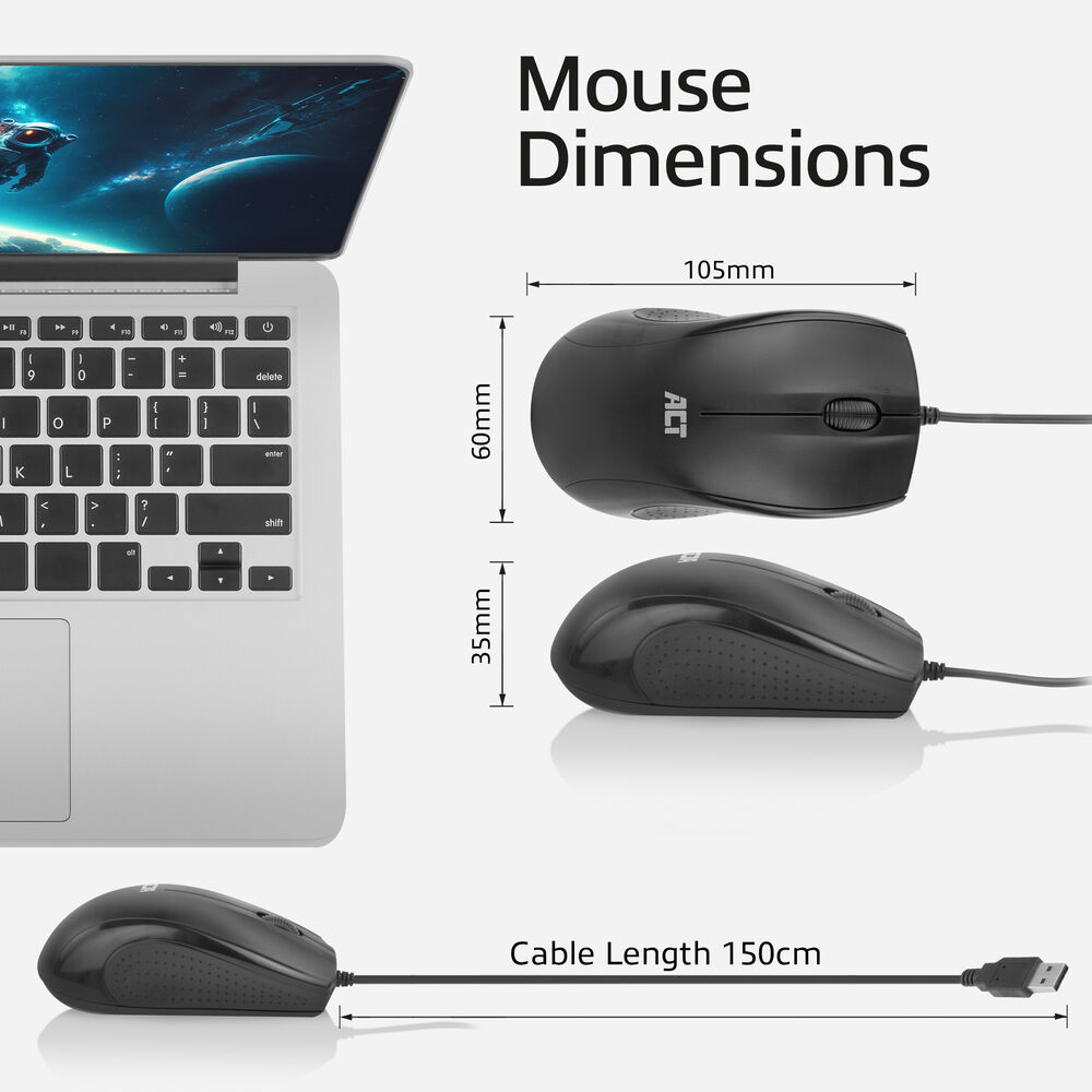 Image shows a black mouse with dimensions and a laptop. The mouse cable is 150cm long. Mouse labeled ACT.