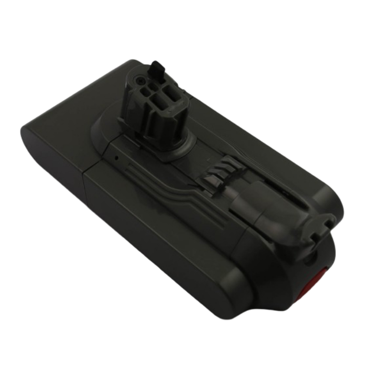 Un pacco batteria per aspirapolvere Dyson grigio scuro. Ha un'estremità arrotondata con un pulsante rosso, un corpo rettangolare e un connettore in alto.