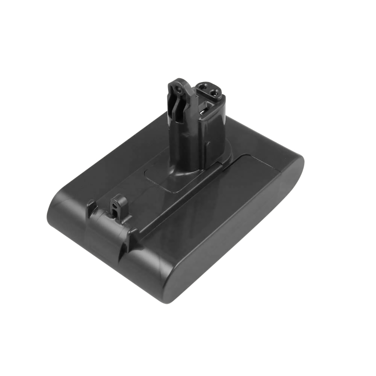 Ein dunkelgrauer Dyson-Staubsauger-Akku. Er hat eine rechteckige Basis mit einem erhöhten, schwarzen Stecker oben.