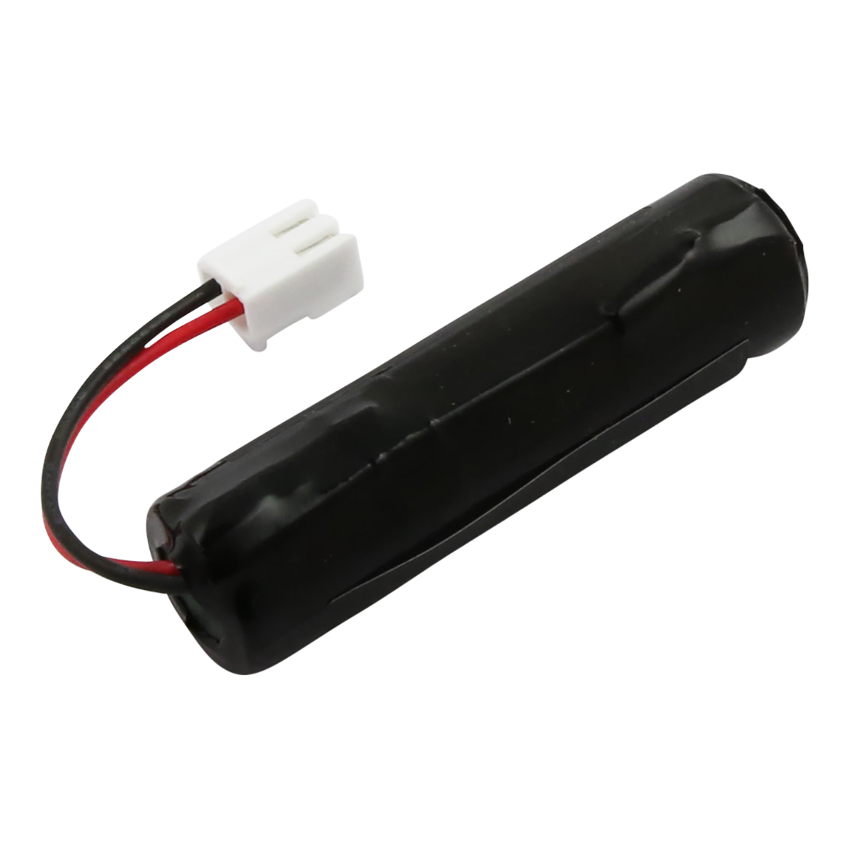 Eine schwarze zylindrische Batterie mit weißem Stecker und rot/schwarzen Drähten auf weißem Hintergrund. Die Batterie ist im Fokus.