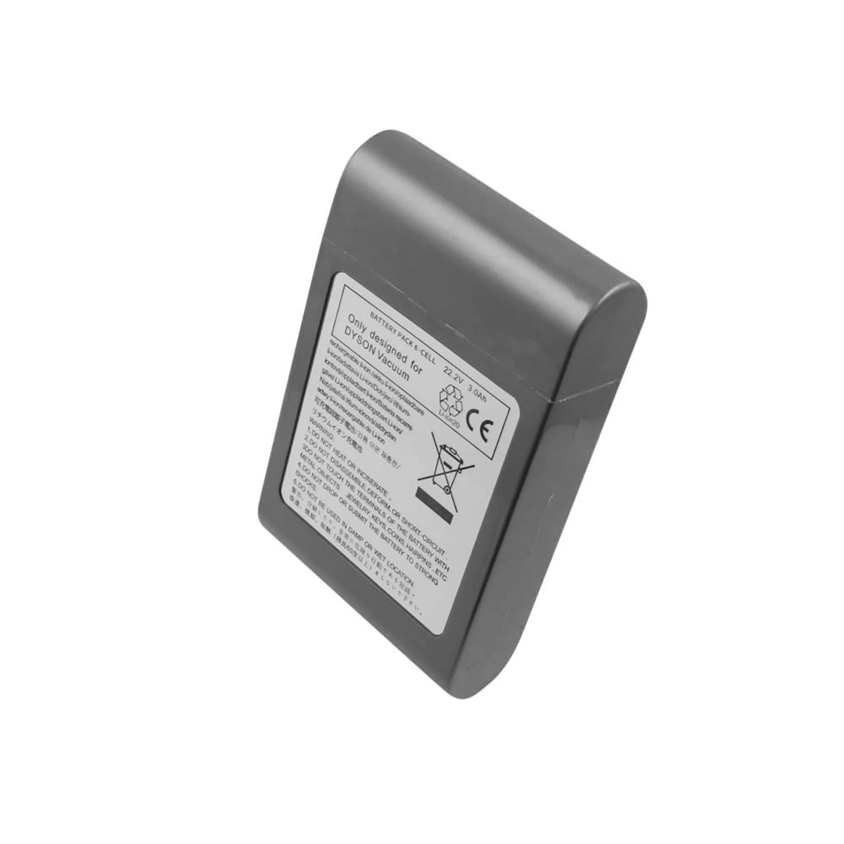 Un pacco batteria grigio per aspirapolvere Dyson. Ha un'etichetta bianca con testo e simboli, su sfondo bianco.