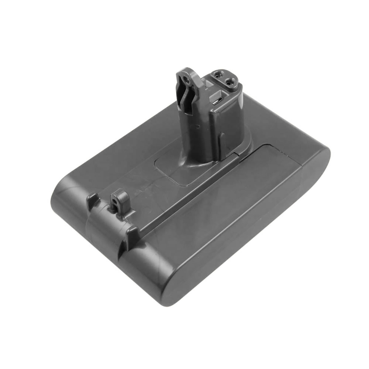 Un pacco batteria grigio per aspirapolvere Dyson. Ha una base rettangolare con un connettore cilindrico rialzato in alto.