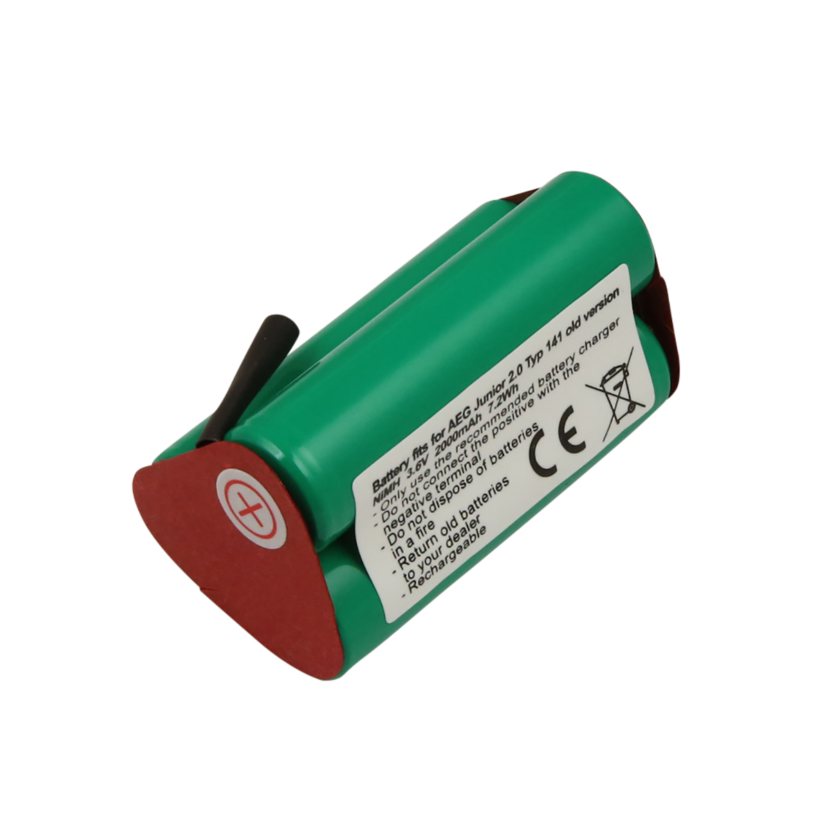 Batteria verde con tappi rossi e manico nero. Testo su etichetta bianca indica specifiche e avvertenze di sicurezza.