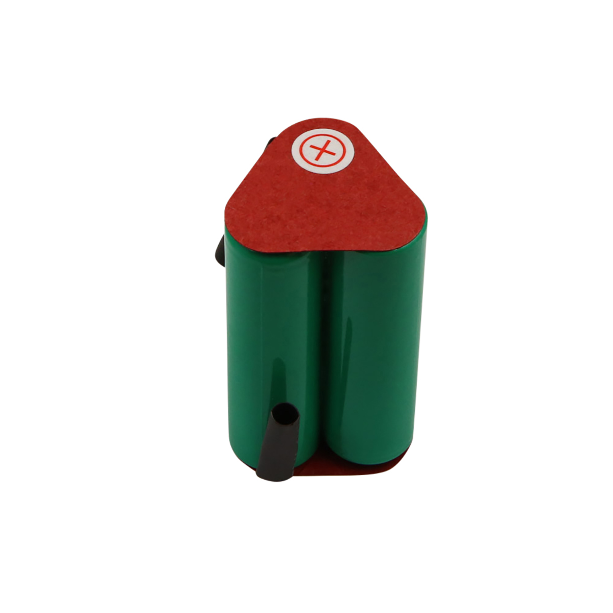 Un pacco batteria verde con la parte superiore rossa e un segno più. Il pacco ha due celle cilindriche e un connettore nero.