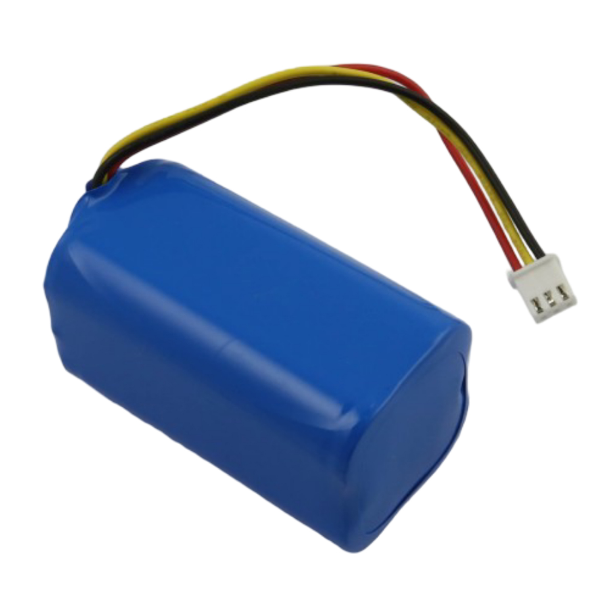 Ein blauer zylindrischer Akku mit drei farbigen Drähten (rot, gelb, schwarz), die mit einem weißen Stecker verbunden sind.