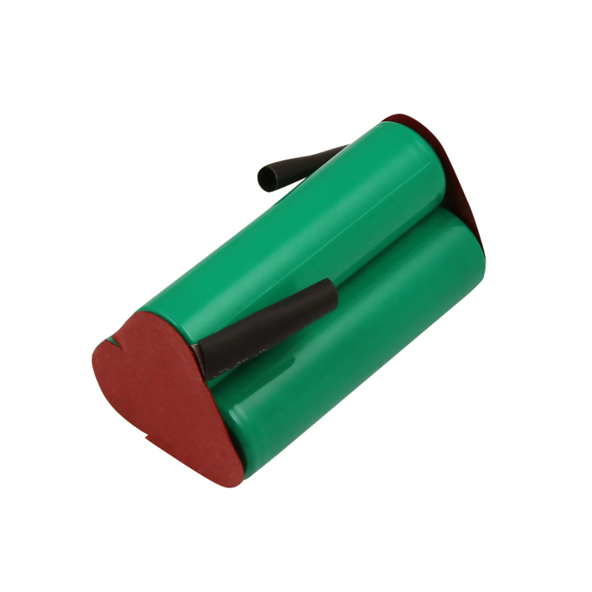 Un pacco batterie verde con due celle cilindriche e un'estremità rossa. Tubo termorestringente nero visibile.
